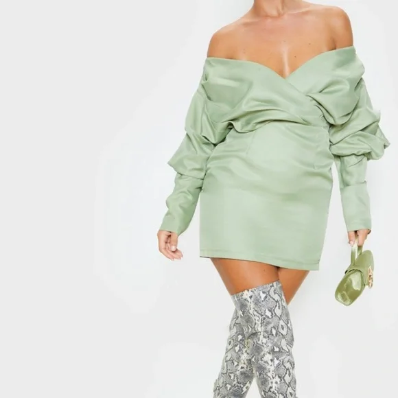PrettyLittleThing | Dresses | Prettylittlething Brand Sage Green Off The  Shoulder Ruched Bodycon Dress | Poshmark